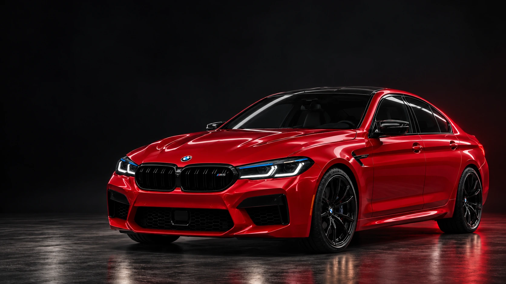 Красный BMW M5 с чёрной крышей и дисками в студийном свете